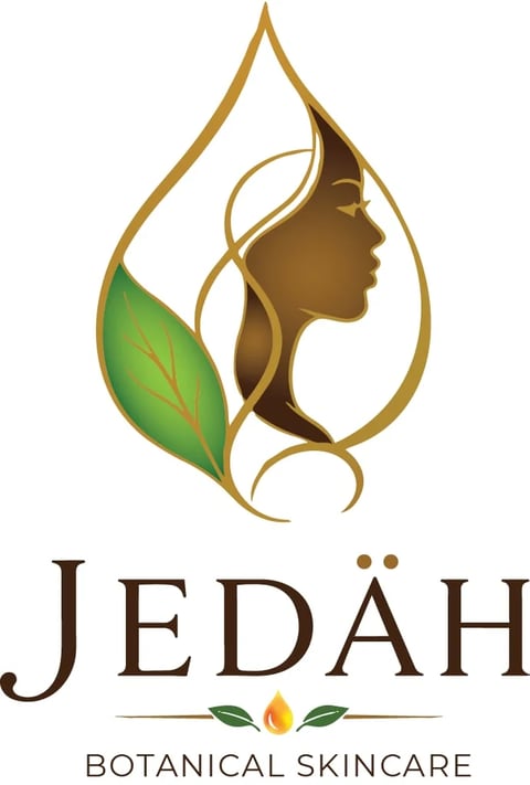 Jedah Botanical Skincare logo featuring a gold water droplet with a womans profile and green leaf design